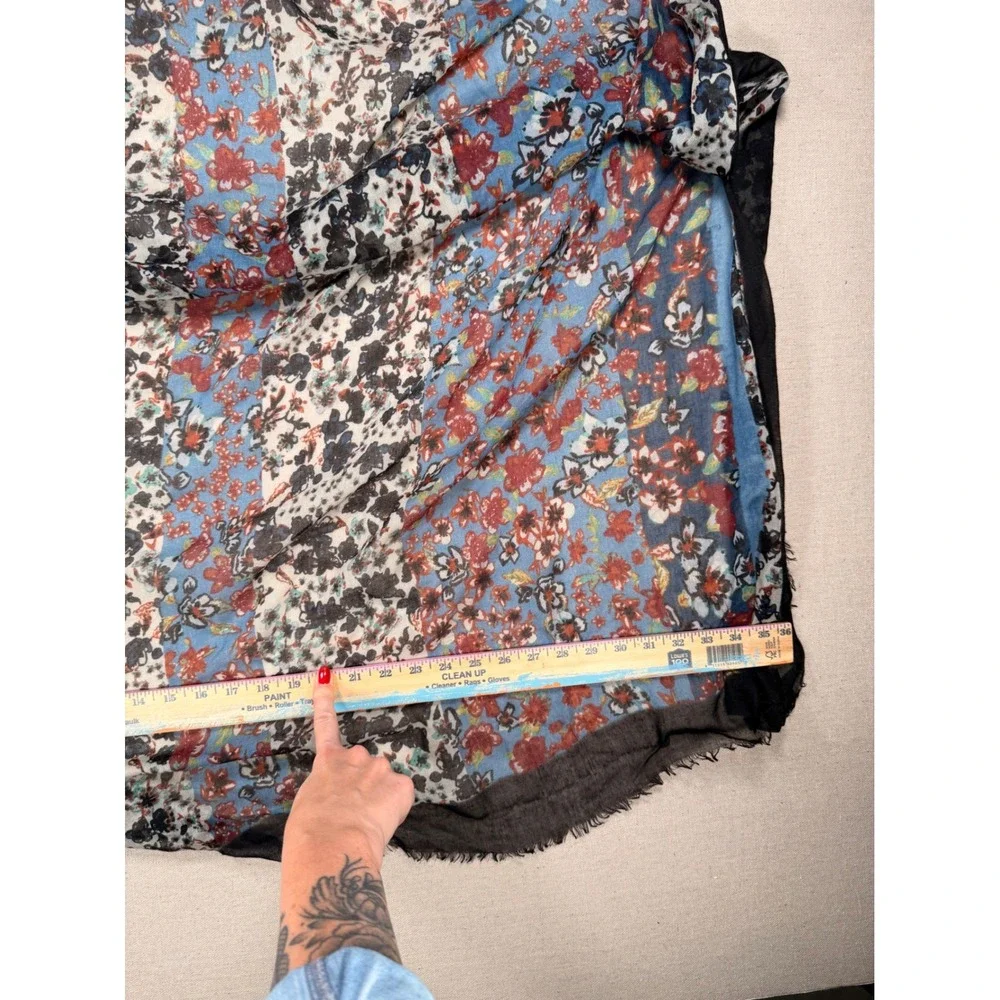 Floral Paneled Lightweight Scarf Blue Red Black Frayed Eyelash Hem Accessory